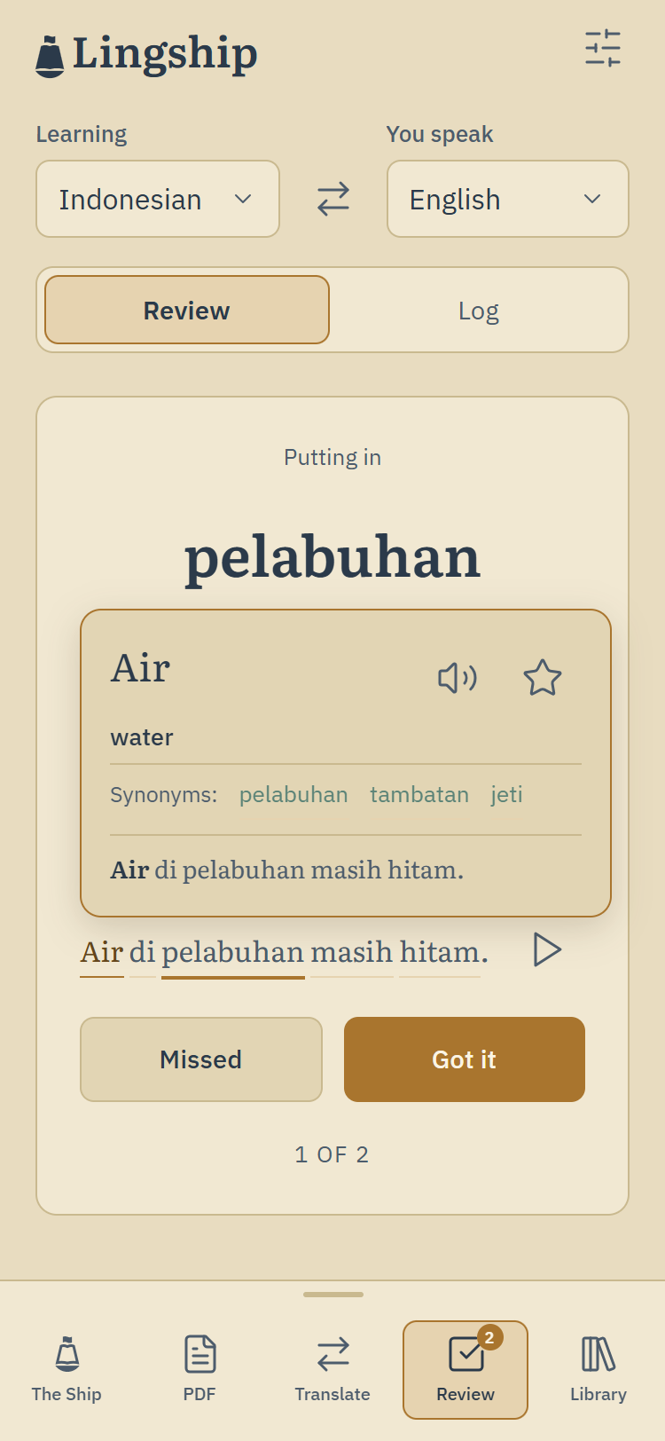 A story with a word tapped: its meaning, its synonyms and the sentence it came from